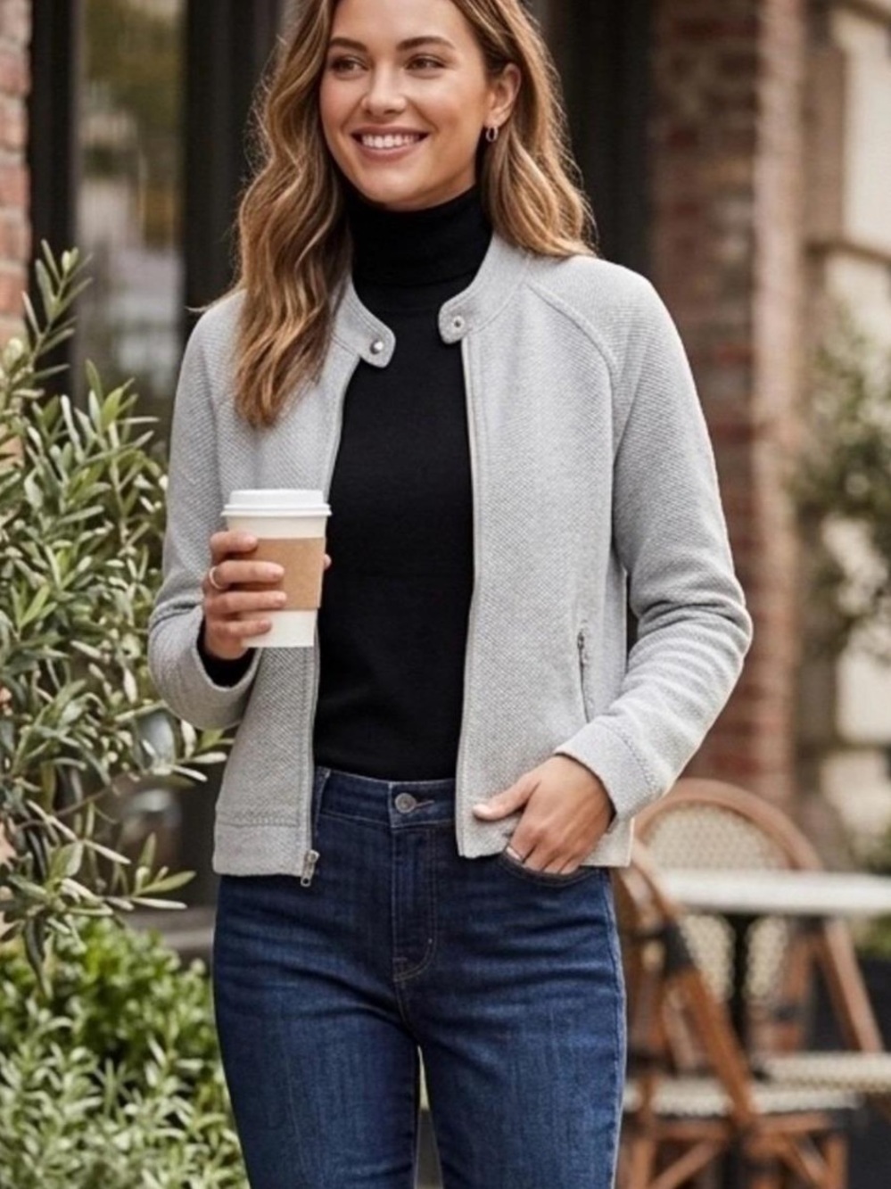 Banana Republic Factory Gray Zip Front Cropped Knit Moto Jacket